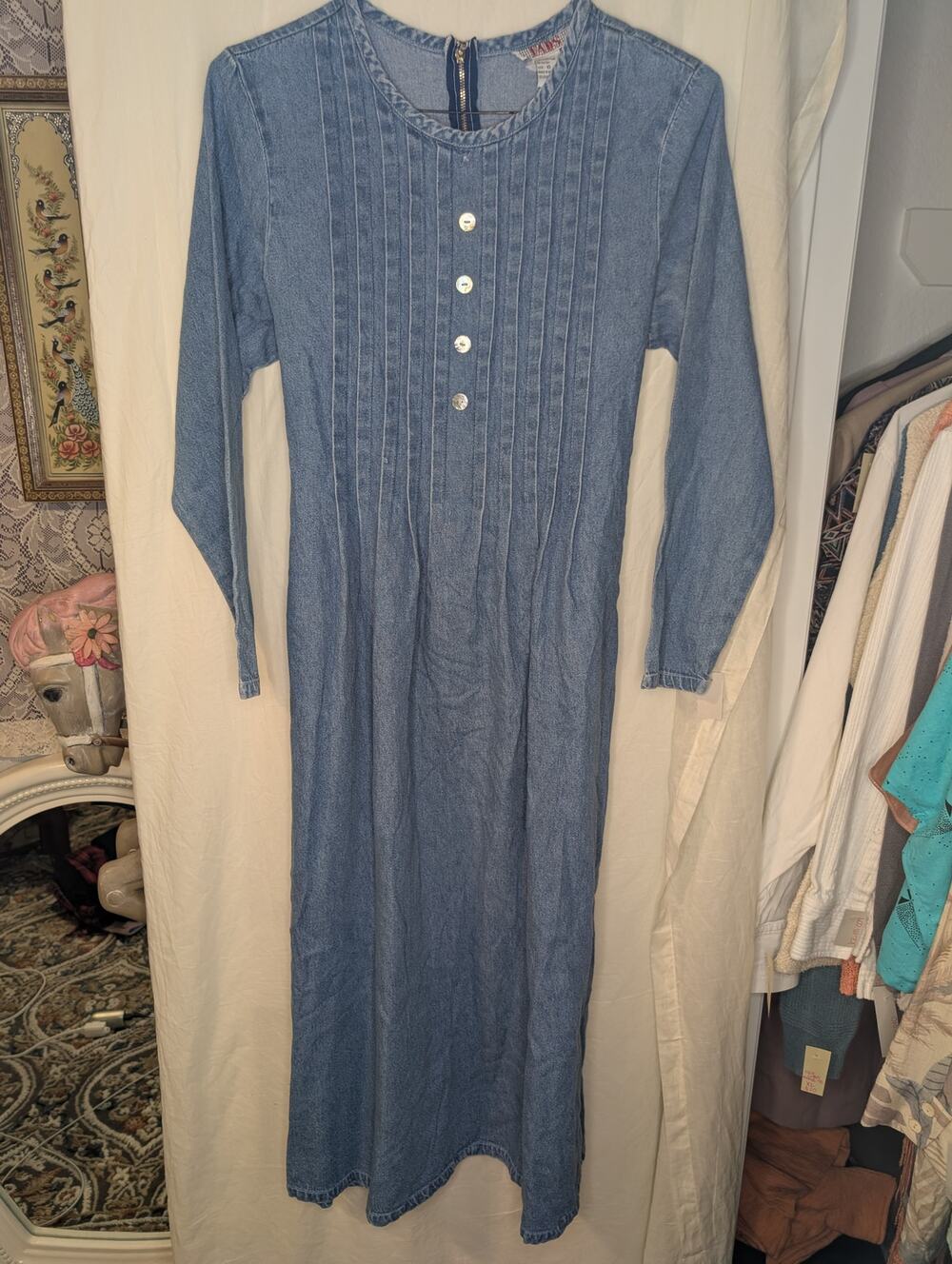 Vintage 90's EASE Denim Pintuck Maxi Dress 100%Cotton size 10 Small